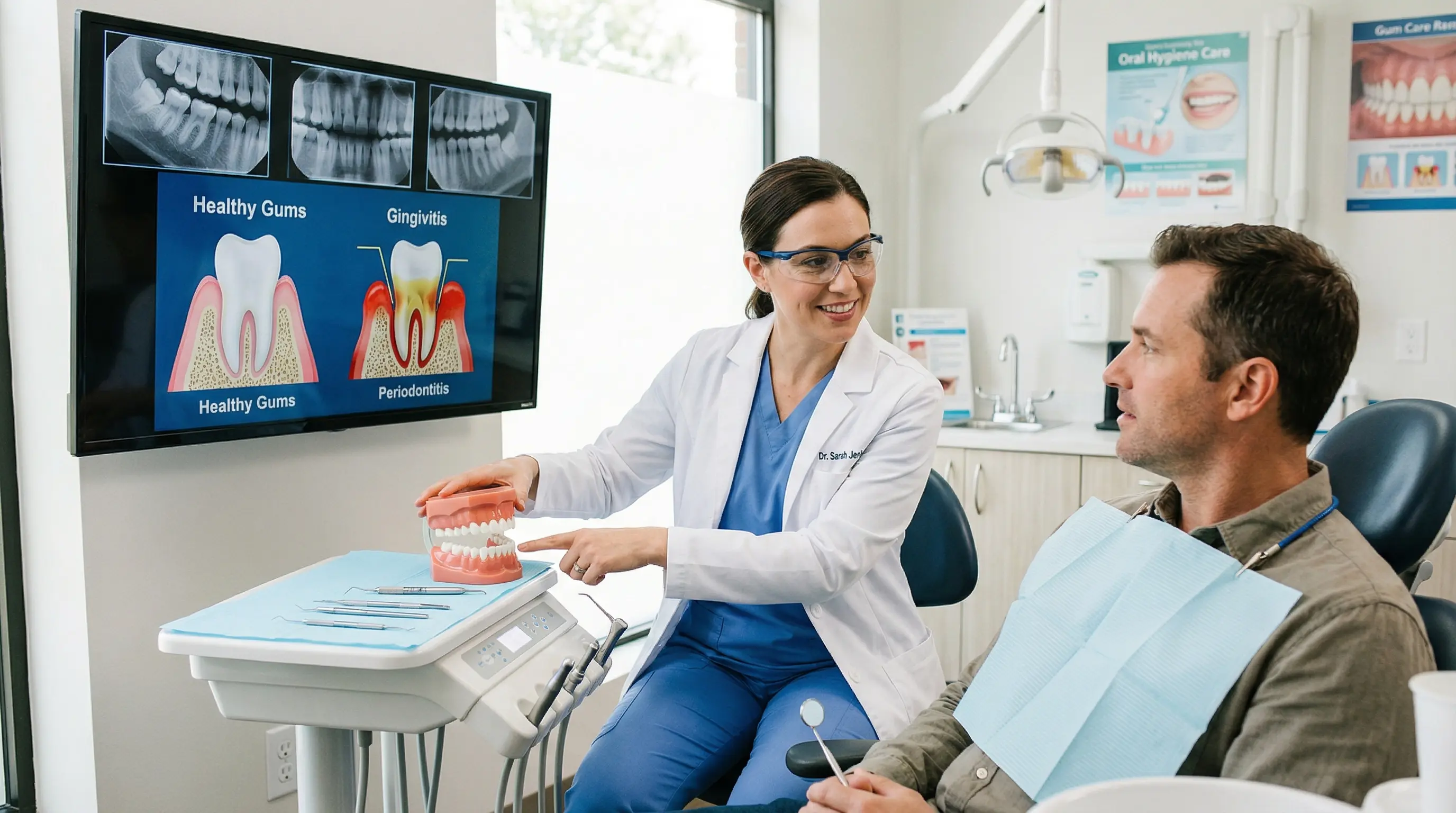 A specialist performing a gentle laser-assisted gum treatment for pink aesthetics